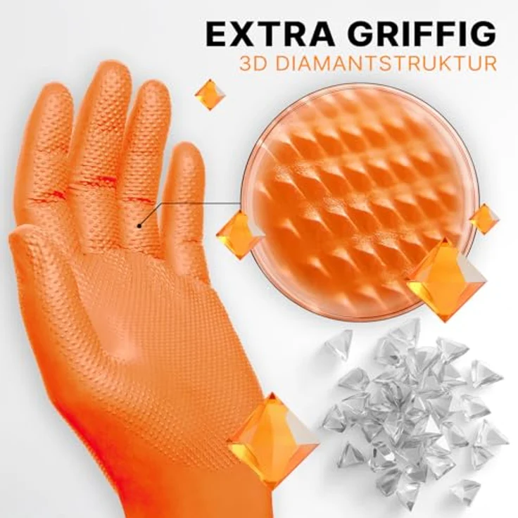 ARNOMED PROGRIP Einweghandschuhe Diamant Grip, orange, extra starke Nitrilhandschuhe Größe XL, chemikalienbeständig, 500 Stück (10x50 Stk) – Bild 2