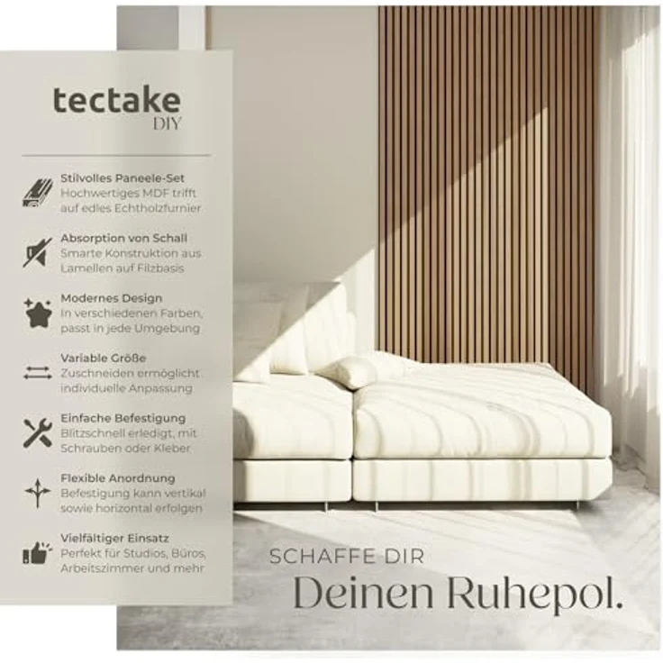 tectake® 3D Akustikpaneele, Wandpaneele in Holzoptik, Schallabsorber für Wohnzimmer und Küche, Eiche, 4er Set, 120 x 60 x 2,1 cm – Bild 2