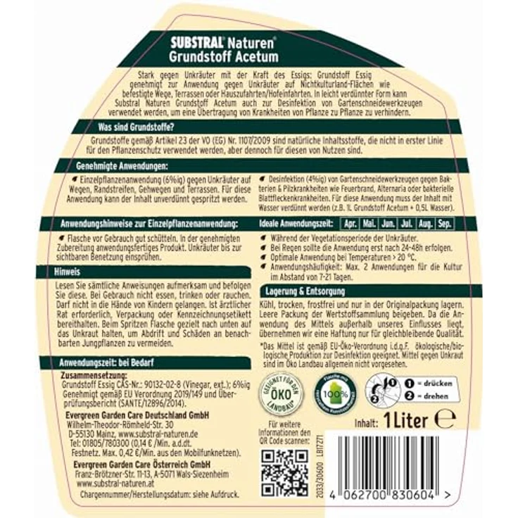 Evergreen Substral Naturen Grundstoff Acetum, BIO-Unkrautbekämpfungsmittel mit Essig, 1L Spray – Bild 2