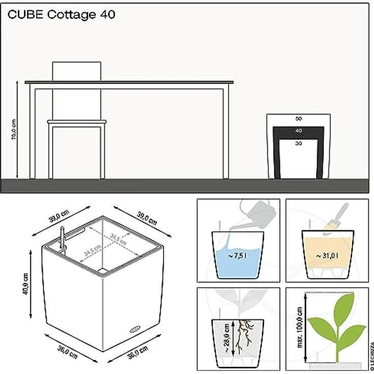 Lechuza® Cube Cottage 40, Pflanzkübel mit Flechtoptik und smartem Bewässerungssystem, weiß, 39x39x40 cm, 31 l Pflanzvolumen, 7,5 l Wasserspeicher – Bild 4