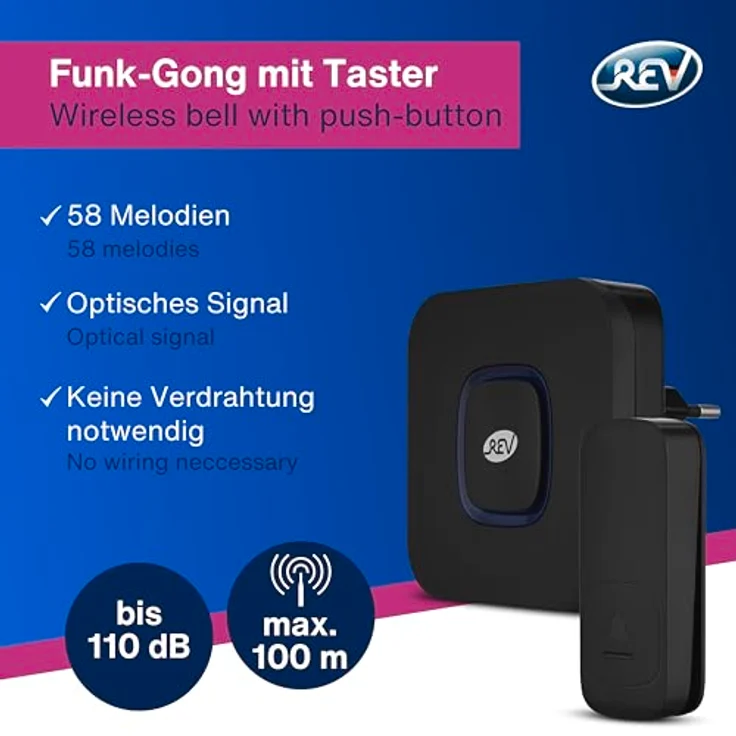 REV Funkklingel Piezo, kabelloser Steckdosen Gong mit Lichtsignal, 58 Melodien, 4-Stufen Lautstärke bis 110 dB, 100m Reichweite, schwarz – Bild 2