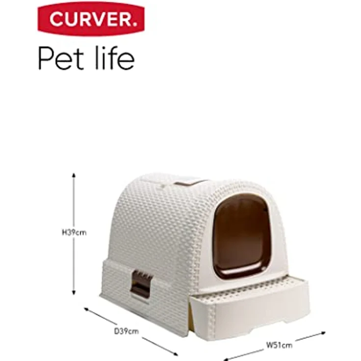 Curver petlife Katzentoilette mit Deckel, Katzenklo inklusive Schaufel, moderne Rattangeflecht-Optik, weiß, 51,5 x 38,5 x 40 cm – Bild 3