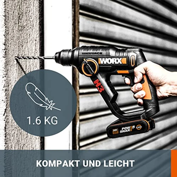 WORX WX390.1 Bohrhammer SDS-Plus - 20V Bohrmaschine mit pneumatischem Hammerwerk zum Schrauben, Bohren & Hämmern 1,2 Joule Schlagenergie Mit 2 Li-Ion Akkus, Ladegerät & Koffer – Bild 3