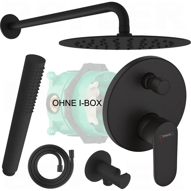 Hansgrohe Vernis Blend Unterputz Duscharmatur für 2 Verbraucher, matt schwarz, inkl. BOFLER Regendusche Ø20cm, Antikalk-Gummidüsen, wassersparend