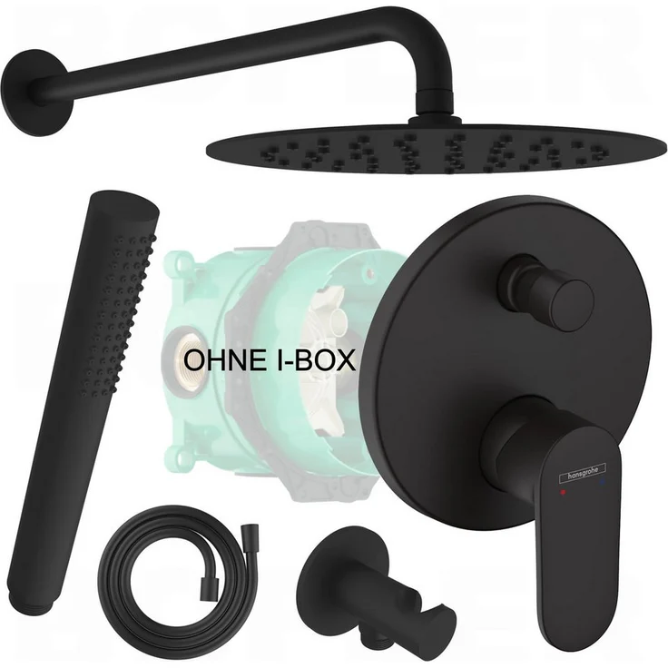 Hansgrohe Vernis Blend Unterputz Duscharmatur für 2 Verbraucher, matt schwarz, inkl. BOFLER Regendusche Ø20cm, Antikalk-Gummidüsen, wassersparend