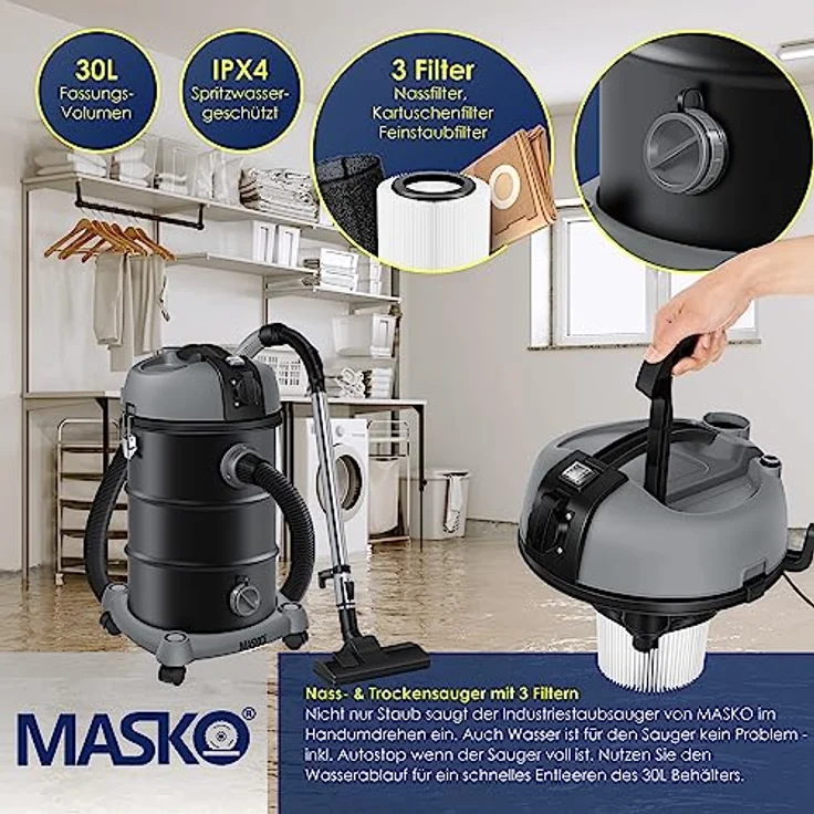 Masko® Industriestaubsauger Staubsauger Nass Trocken Sauger Edelstahl 2300W + Steckdose | Blasfunktion | Trocken-Saugen & Nass-Saugen | Push&Clean | Industrie-Sauger mit & ohne Beutel | beutellos – Bild 5