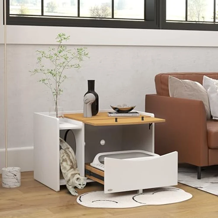 PawHut Katzenschrank für Katzentoilette, Katzenklo Schrank mit ausziehbarem Schrank, Streuauffangmatte, Katzenhaus für Indoor, Eiche – Bild 2