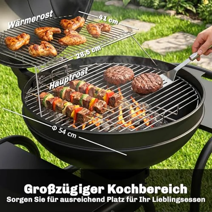 Outsunny Holzkohlegrill BBQ Smoker, 129 x 63,5 x 106,5 cm mit Seitentischen, Deckelthermometer und Rädern, Kugelgrill für Garten und Camping – Bild 3