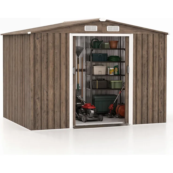 KOMFOTTEU Geräteschuppen Metall 259 x 196 x 184 cm (Braun) | wetterfestes Gartenhaus mit Satteldach, abschließbaren Schiebtüren und Fenster, 7 m³ Innenvolumen
