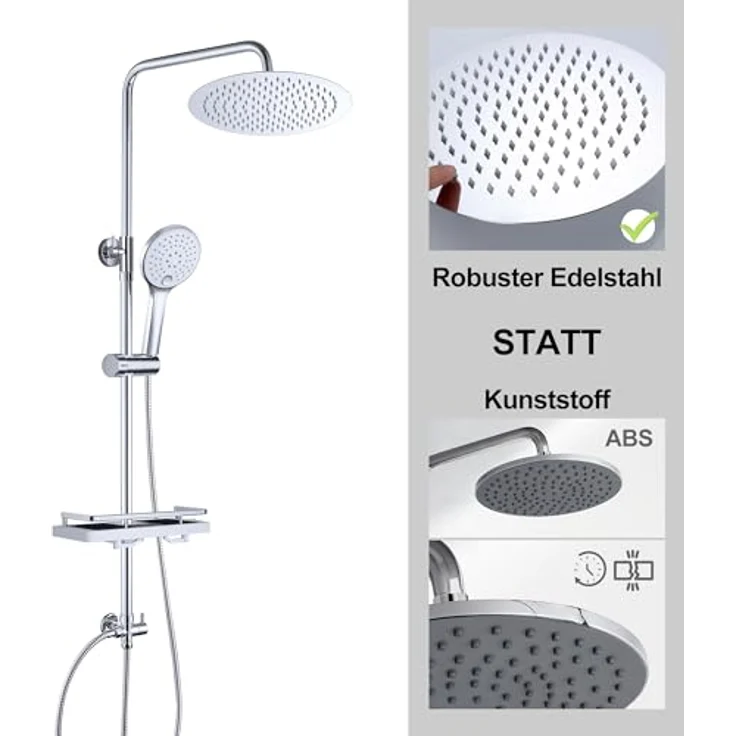 JOHO Edelstahl Duschsystem mit 20 cm Regendusche ohne Armatur, hochverstellbare Duschstange und Handbrause mit 3 Strahlarten, Chrom – Bild 2