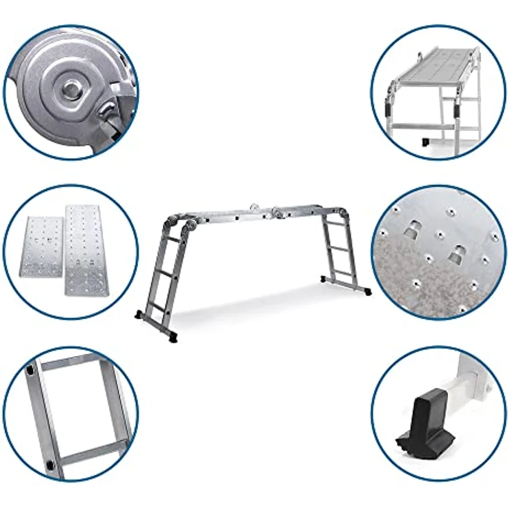 hjh OFFICE 801202 Mehrzweckleiter 12 Stufen mit 2 Gerüstplatten SOLID W3 Aluminium 345cm Gelenkleiter bis 150kg belastbar, Silber – Bild 4