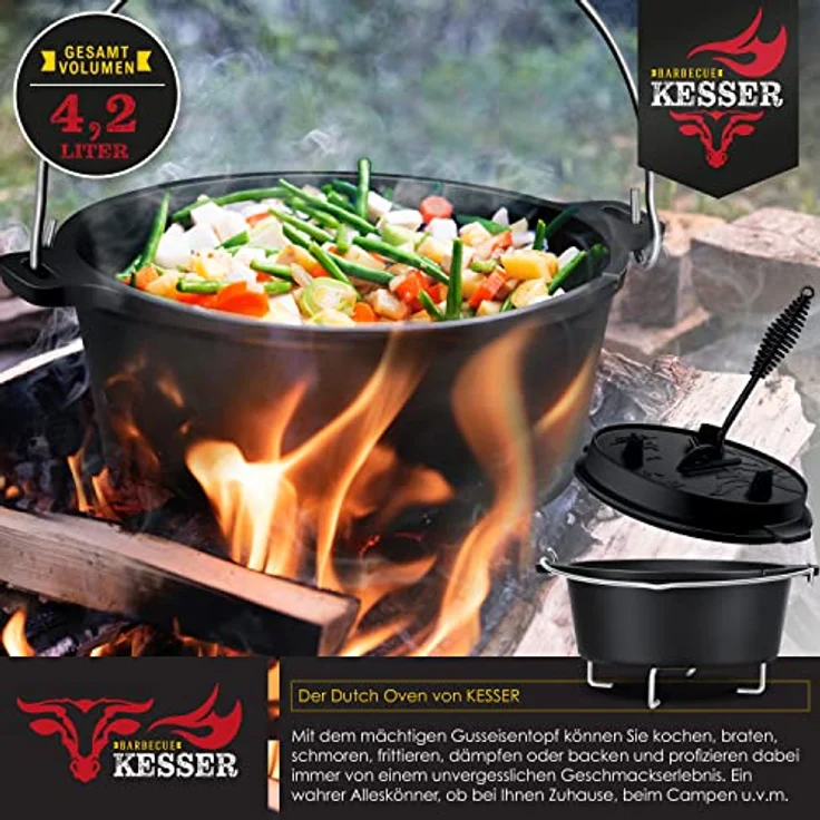 KESSER® Dutch Oven Set BBQ 4,2 Liter, Feuertopf Schmortopf mit Edelstahluntersetzer, Gusseisen Topf mit Deckelheber Henkel und Schlitz für Themormeter, kochkessel Grilltopf für Oudoor & Indoor – Bild 3