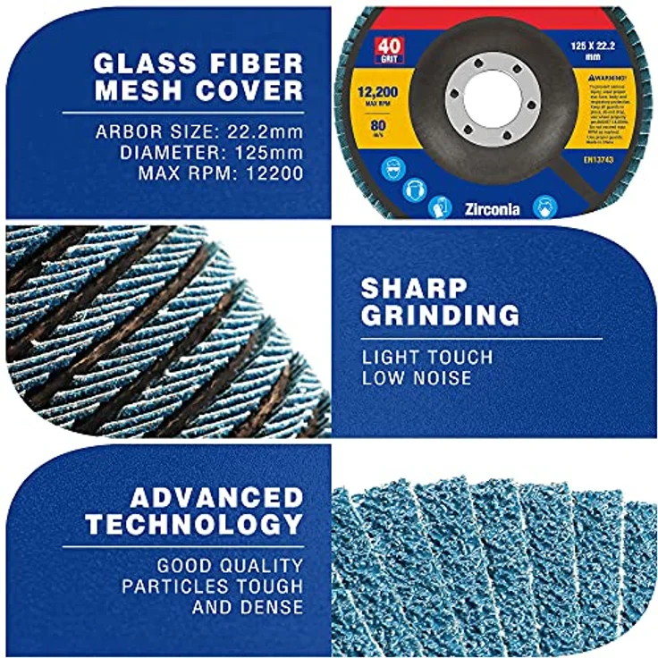 WORKPRO Profi Fächerscheiben Set, 10 Stück Ø 125 mm x 22,2 mm, Körnung 40, Blau, Schleifmopteller für Edelstahl, Metall und Holz – Bild 2
