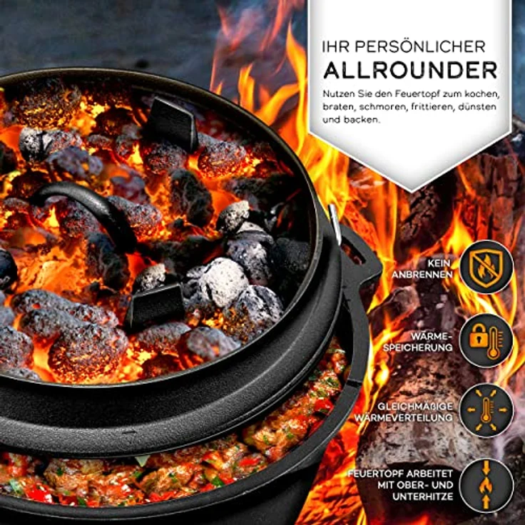 grillas Dutch Oven Set 4,2 Liter - Topf mit Füße Deckelheber BBQ Gusseisen Feuertopf Gusstopf Schmortopf – Bild 8