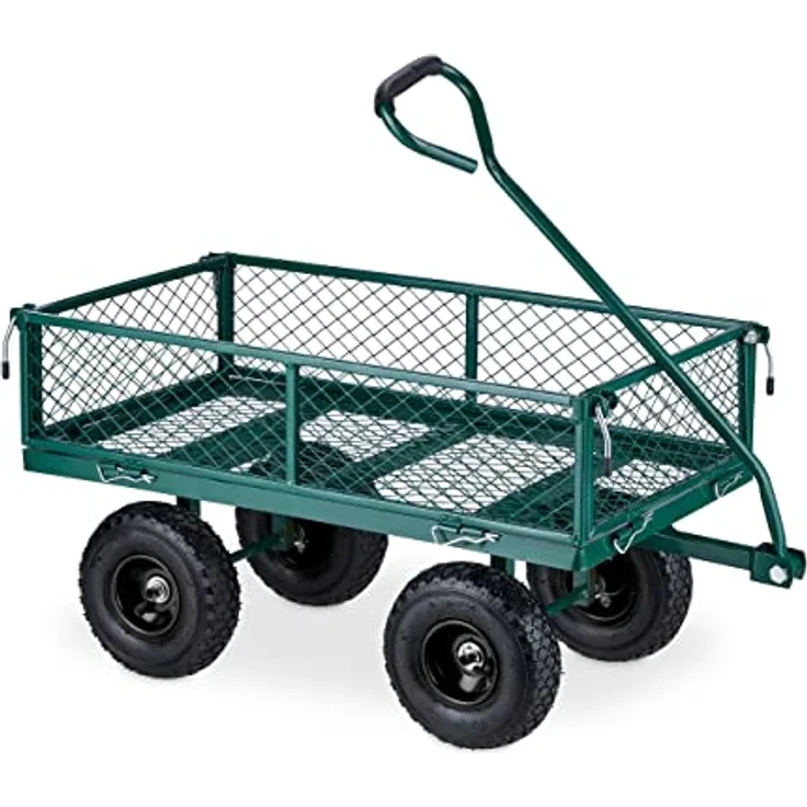 Relaxdays Handwagen, praktischer Bollerwagen mit Luftbereifung, klappbaren Seitenteilen, bis 200 kg, grün