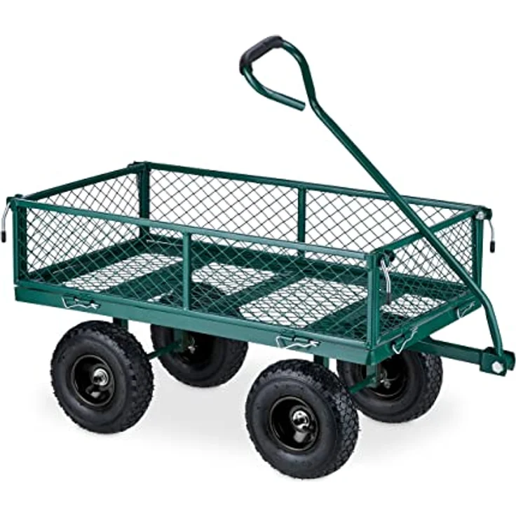 Relaxdays Handwagen, praktischer Bollerwagen mit Luftbereifung, klappbaren Seitenteilen, bis 200 kg, grün – Bild 1