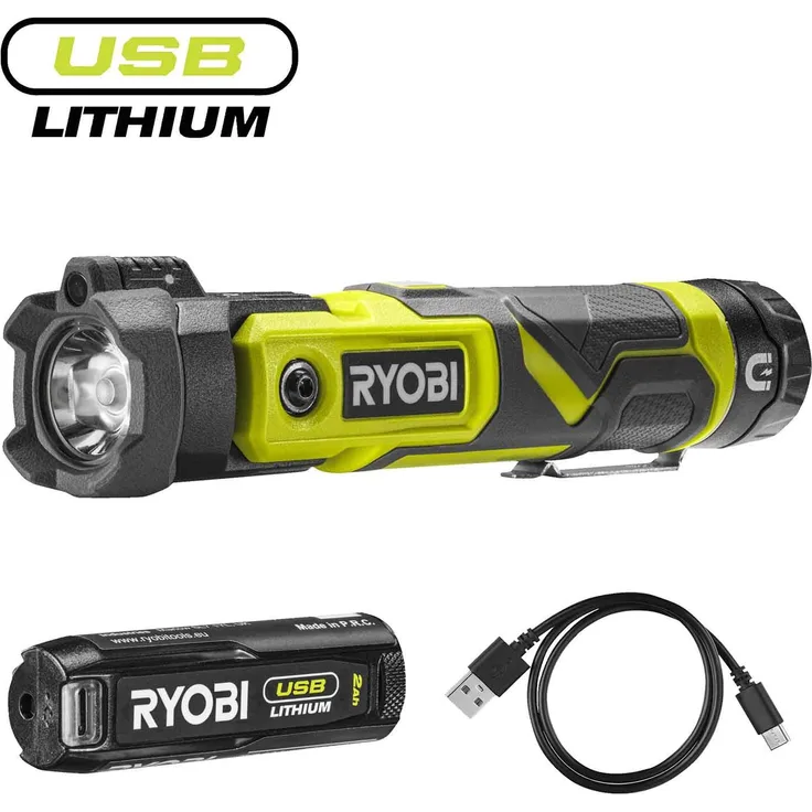 Ryobi Taschenlampe Akku-Taschenlampe RLP4-120G 4V 2Ah - Arbeitsleuchte, Werkstattlampe mit integriertem Laserpointer, Magnetfuß und schwenkbarem Leuchtkopf
