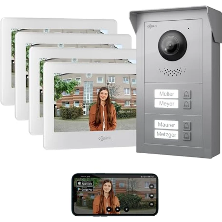 Goliath Intercom Basic-Line Video-Türsprechanlage mit 7-Zoll HD Monitor, 170° Kamera, App-Funktion, 2-Draht Technologie für 4-Familienhäuser, Weiß/Schwarz – Bild 1