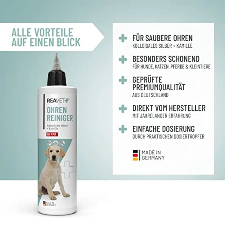 ReaVET TESTURTEIL SEHR GUT 09/23 Ohrenreiniger für Hunde & Katzen 250ml - Ohrreiniger mit Kolloidalem Silber + Natürlicher Kamille I Mittel zum Ohr Reinigen für Hund, Katze, Pferd – Bild 2