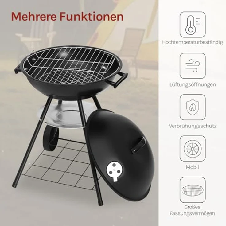 Holzkohlegrill mit Räder für Garten Camping, Schwarz, 41,5 cm – Bild 3