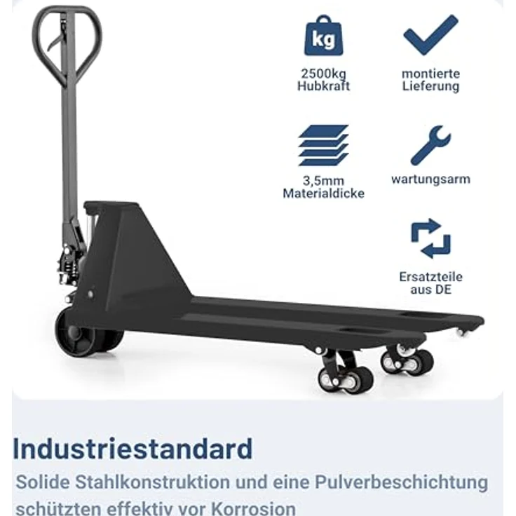 Pallit Hubwagen Gabelhubwagen, 2500 kg Tragkraft, 1150 mm Gabellänge, ergonomische Deichsel, PU Rollen, schwarzes Design – Bild 5