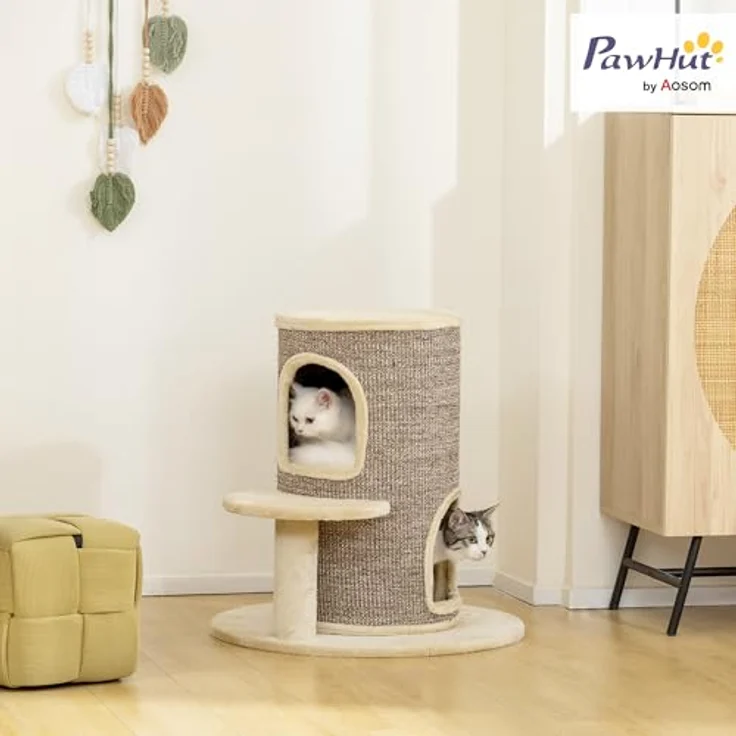 PawHut Kratztonne für Katzen, 61 cm hoch, mit 2 Höhlen, Sisal-Kratzfläche und Plüschbezug, in Beige – Bild 2
