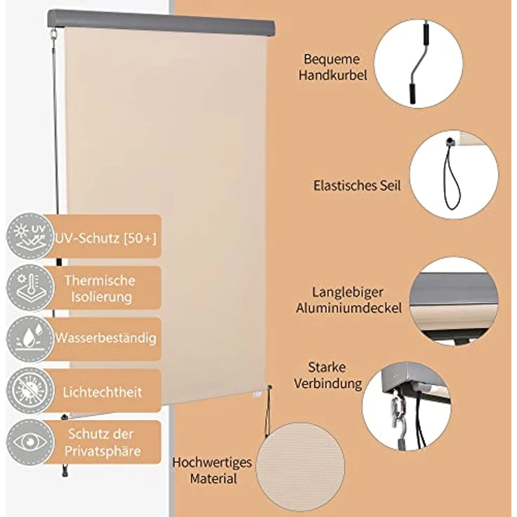 Outsunny Senkrechtmarkise Balkonmarkise Vertikalmarkise Windschutz Seitenrollo Sichtschutz mit Handkurbel Polyesterstoff+Aluminium Cremeweiß 120 x 200 cm – Bild 5