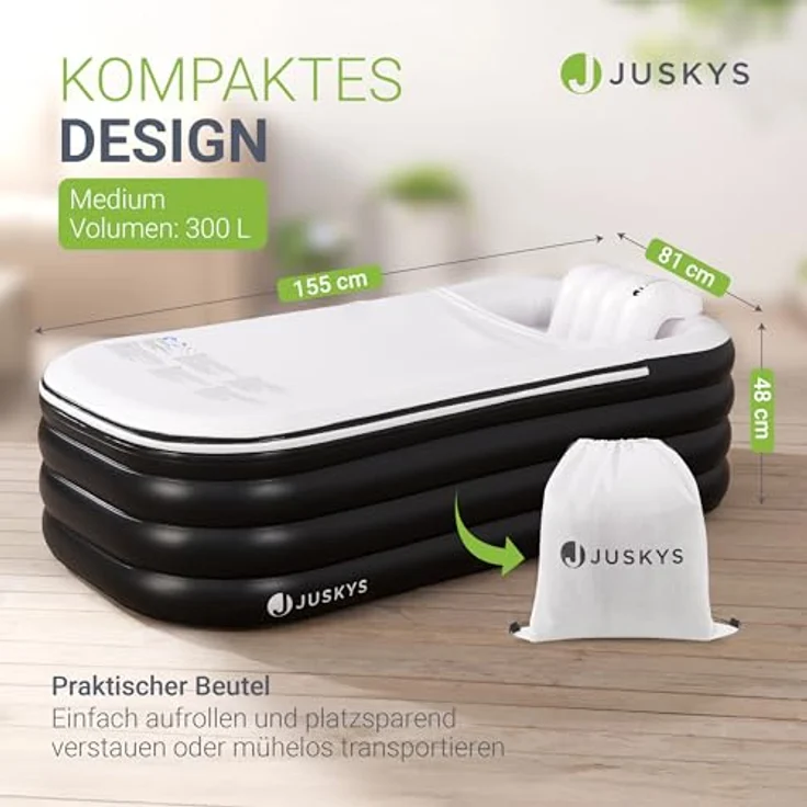 Juskys Aufblasbare Badewanne M, 300 L, platzsparend mit Rückenlehne, Pumpe und Abdeckung, Schwarz/Weiß – Bild 4