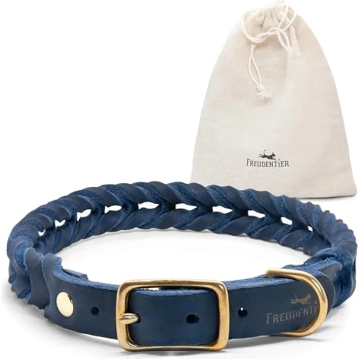 FREUDENTIER® Hochwertiges Hundehalsband geflochten aus Leder - Für kleine & mittelgroße Hunde - Handmade in Holland - AlsterTwist Kollektion aus 100% Fettleder (39cm – 45cm Halsumfang, Royal Blue)