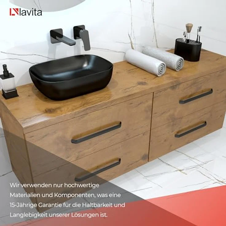 LAVITA Aufsatzwaschtisch Costa Black| Rechteckiges Aufsatzwaschbecken aus hochwertigem Porzellan | Waschbecken ohne Überlauf und Hahnloch | 46x32,5x13,5 cm | Schwarz Matt – Bild 5