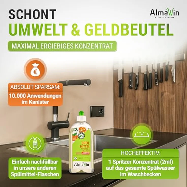 Almawin Geschirrspülmittel Sanddorn Mandarine, 20L, öko-zertifiziert, hautmild mit Sanddorn-Extrakt und Weizenproteinen – Bild 4