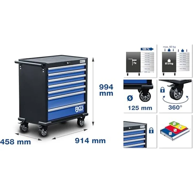 BGS TECHNIC Werkstattwagen XL 7 Schubladen, 301-teiliges Werkzeugset, pulverbeschichtet, extra breit, abschließbar, hochbelastbare Rollen – Bild 2