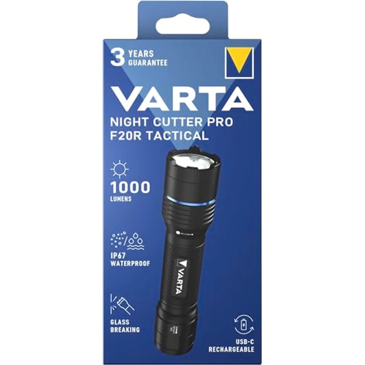 VARTA Night Cutter Pro F20R Tactical, wiederaufladbare Taschenlampe mit 1000 Lumen, Glasbruchfunktion, wasserdicht IP67, Luftfahrtaluminium, inkl. Gürtelholster und Schlüsselband – Bild 2