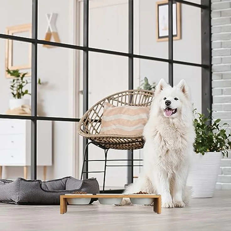 Relaxdays Futterstation Hund, Hundebar 3 Näpfe, je 400 ml, spülmaschinenfest, Bambus & Keramik, Napfständer, Natur/weiß – Bild 5