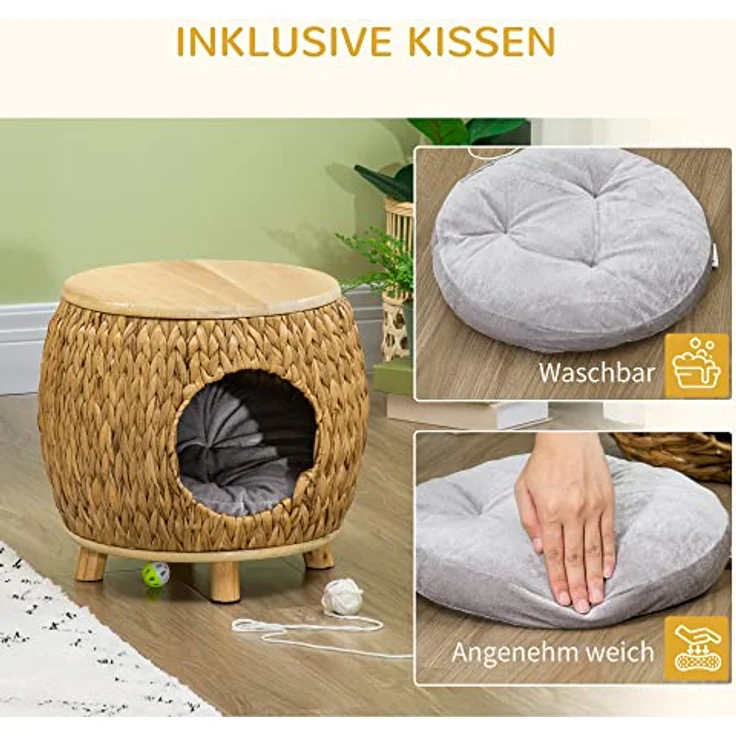 PawHut Tierhaus Katzenhöhle mit waschbarem Kissen, hellbraun/naturholz/grau, für drinnen und draußen, bis 80 kg belastbar – Bild 5