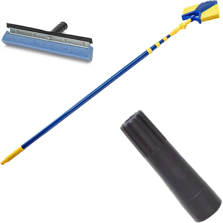 Neustanlo Teleskopstiel 4-tlg Eckbesen-Set 4,25 m, Fensterwischer mit Gummilippe & Adapter, vielseitige Anwendungen, blau