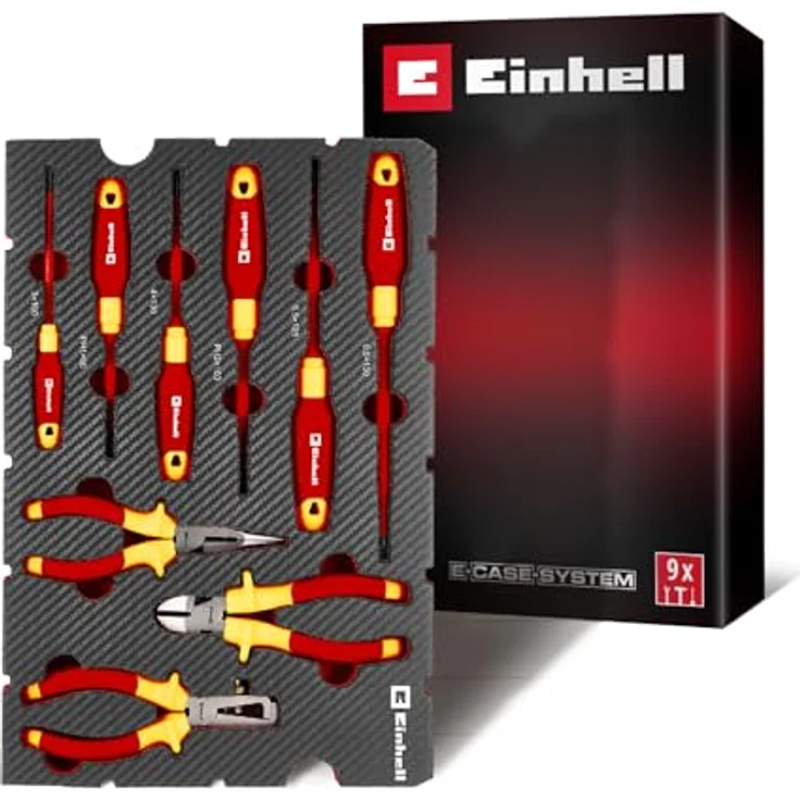 Einhell Werkzeugkoffer VDE Werkzeug-Set 9-tlg. mit isolierten Schraubendrehern und Zangen, rot-gelb, Carbon-Optik – Bild 1