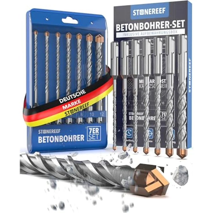 STONE REEF SDS Plus Betonbohrer Set, 7-teilig inkl. Kassette, Ø 5-12 mm, Profi Bohrset für Beton, Stein & Mauerwerk, hohe Standzeit, Karbidstahl Kreuzschneiden – Bild 1