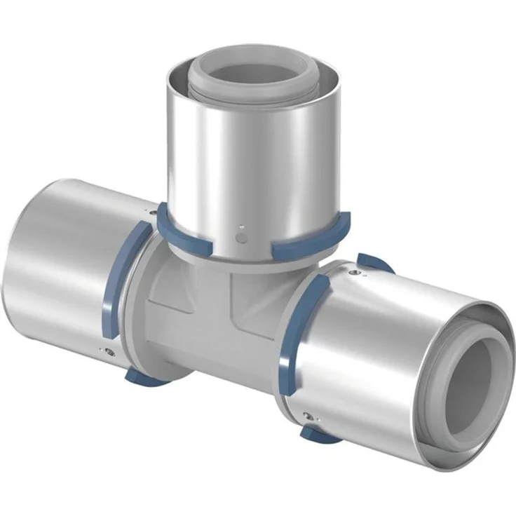 Uponor s-press composite tee 75 x 75 x 75 mm, Presskupplung für Trinkwasser- und Heizkörpersysteme aus PPSU mit Edelstahl-/Aluminium-Presskappe