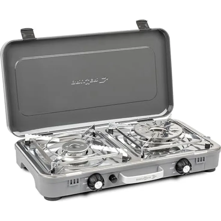 Brunner Devil Kookmaster GP, 2-flammiger Gaskocher mit Edelstahl-Kochfläche und piezoelektrischer Zündung, inkl. Grillplatten