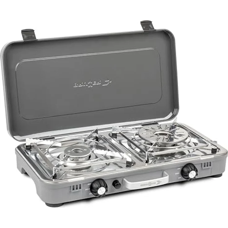 Brunner Devil Kookmaster GP, 2-flammiger Gaskocher mit Edelstahl-Kochfläche und piezoelektrischer Zündung, inkl. Grillplatten – Bild 1