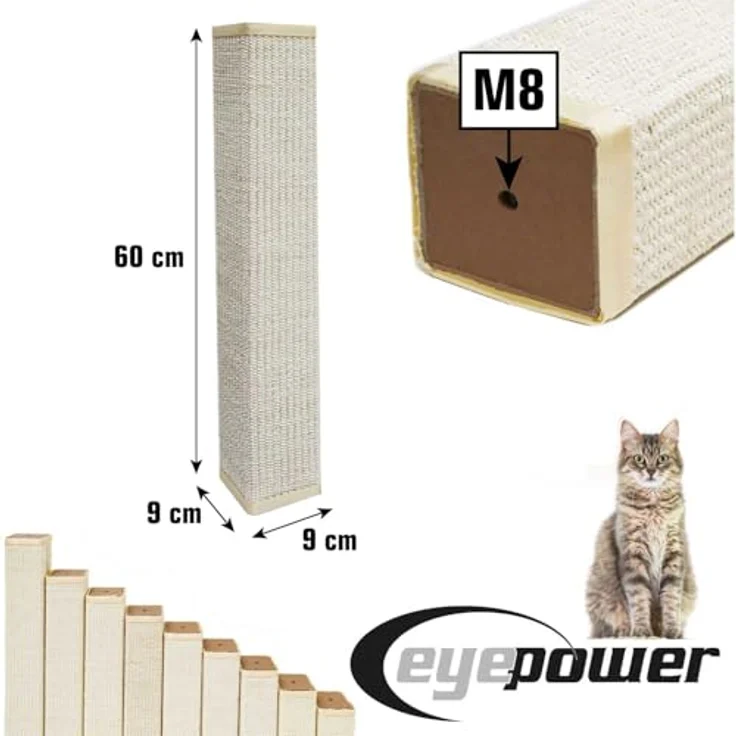 EYEPOWER 60 cm Pfotenfreund M8 Sisalstamm für Kratzbaum, 9 x 9 cm eckig, 100% Sisal, stabiler Kratzstamm für Katzen, einfacher Austausch für 8 mm Gewindestangen – Bild 4