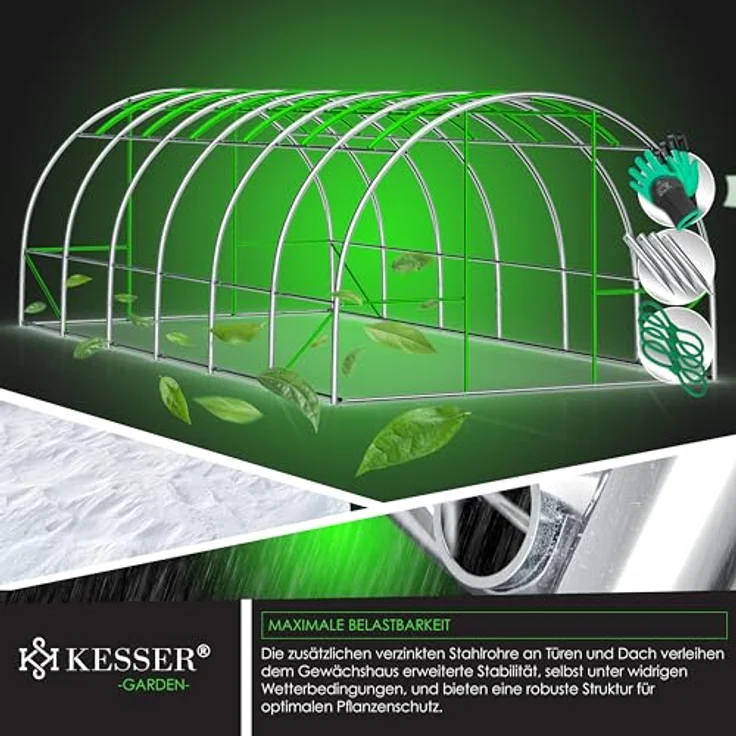 KESSER® Folien-Gewächshaus mit 12 Fenstern & Tür | Stabiler Gartentunnel aus verzinktem Stahl | 170g/m² Folientunnel 600x300cm Grün – Bild 5