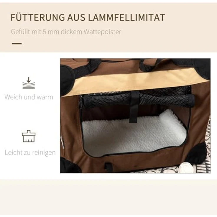 PawHut Tiertransportbox Hundebox, faltbar Hundetasche mit Kissen bis 4 kg, Braun – Bild 4