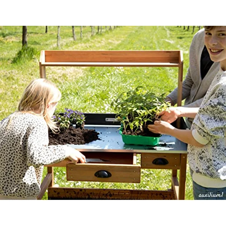 WONDERMAKE Pflanztisch aus Kirschbaum Holz groß mit Schubladen wetterfest Garten-Arbeitstisch, XL für Outdoor Balkon, dunkel-braun/schwarz – Bild 4
