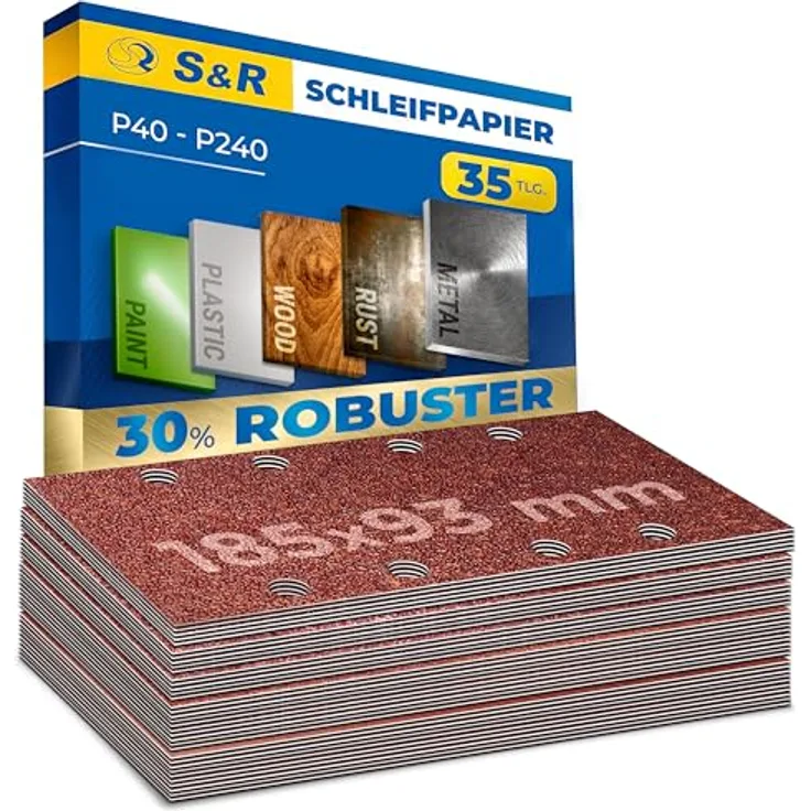 S&R Klett Schleifpapier Profi Set 93 mm x 185 mm, 35 Schleifbläter, 5 Körnungen für Schleifmaschine (5 x P40, 5 x P60, 5 x P80, 10 x P120, 10 x P240)