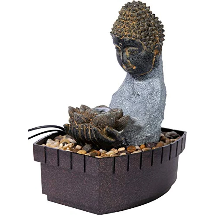 dobar® 96430e Design Zimmerbunnen Buddha mit LED Beleuchtung | Tischbrunnen Kunststein | Kleiner Springbrunnen | Dekorativer Zierbrunnen Wohnzimmer/Büro/Indoor | 20,5 x 16,5 x 27 cm | Grau – Bild 1