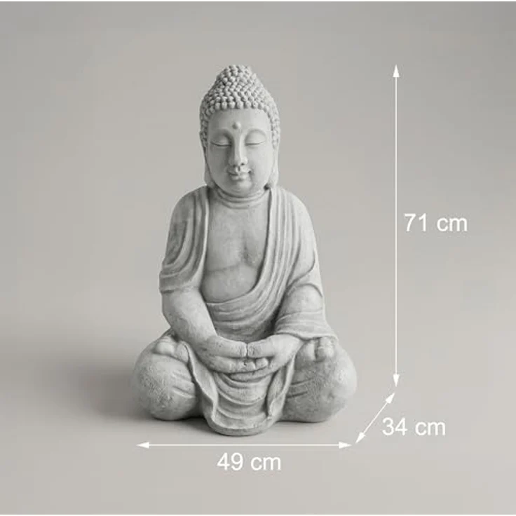 Relaxdays Buddha Figur sitzend, XL 70 cm, wetterfeste Gartenfigur in hellgrau, frostsicher, Vintage Deko für Wohnzimmer – Bild 4