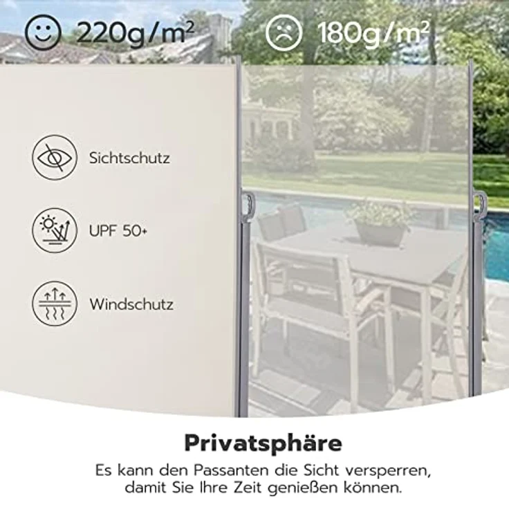 LARMNEE Seitenmarkise, ausziehbar 180 x 450 cm, rostbeständig, UV-Schutz, Blickdicht, für Balkon, Terrasse, Garten, Beige EBE1845TBP02 – Bild 4