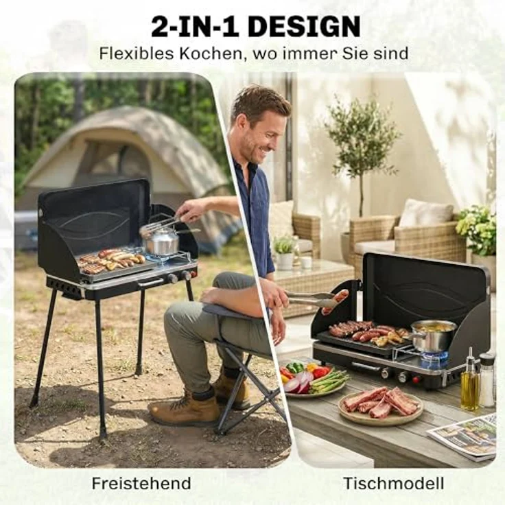 Outsunny Tragbarer Gasgrill 2-in-1 Tischgrill mit 2 Brennern, 7 kW, klappbaren Beinen, Windschutz und Antihaftbeschichtung, ideal für BBQ und Camping – Bild 4